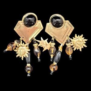 Tabra Gold Filled Vintage Sunburst Earrings with Black Accents, 80s Retro Glam